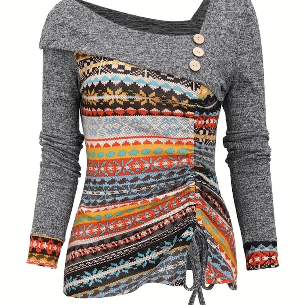 Women's Grey & Boho Print Multicolor 2-in-1 Top 2XL‎